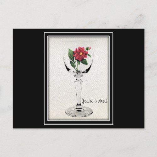 Save the Date with Wine Glass and a Red Flower Announcement Postcard
