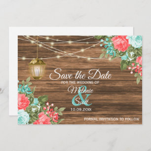 Save The Date -Wood, Lantern & Teal, Coral Floral Holiday Card