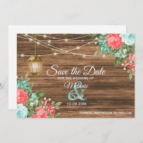 Save The Date _Wood Lantern  Teal Coral Floral  Holiday Card