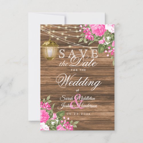 Save the Date Wood Lanterns and Pink Flower