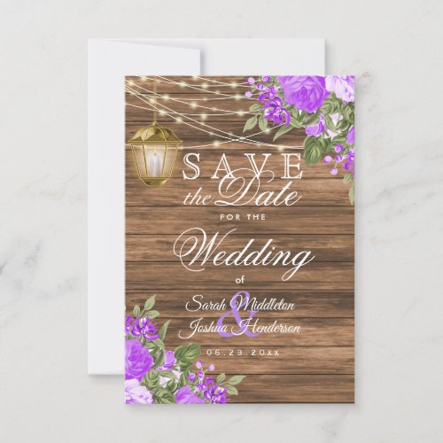Save the Date Wood Lanterns and Purple Flower