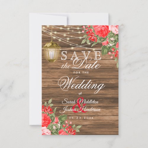 Save the Date Wood Lanterns and Red Flower