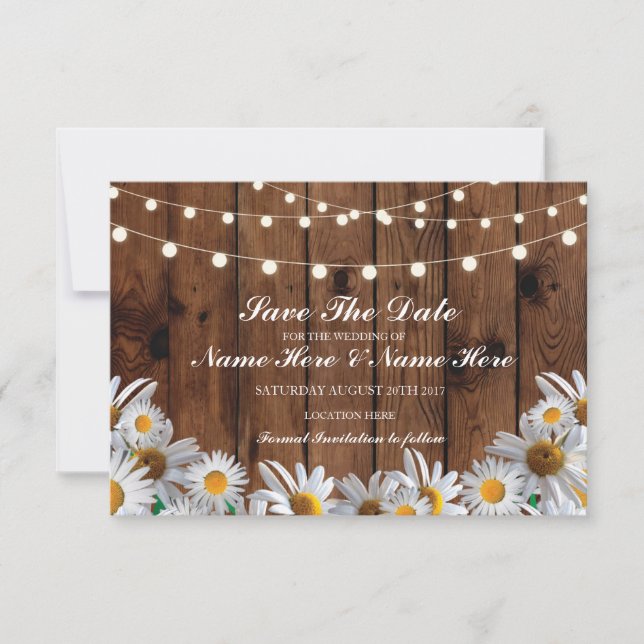 Save The Date Wood Rustic Daisy Lights Card (Front)