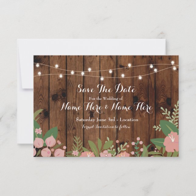 Save The Date Wood Rustic Floral Lights Invite (Front)