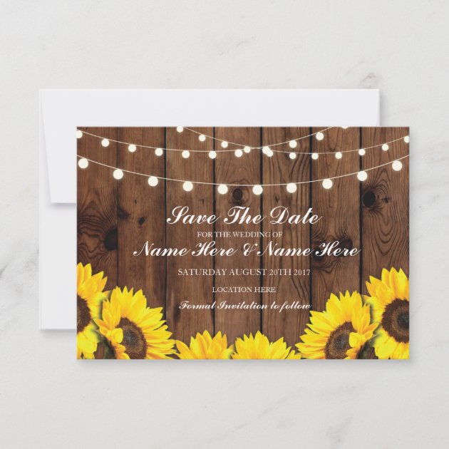 Save The Date Wood Rustic Sunflowers Lights Card