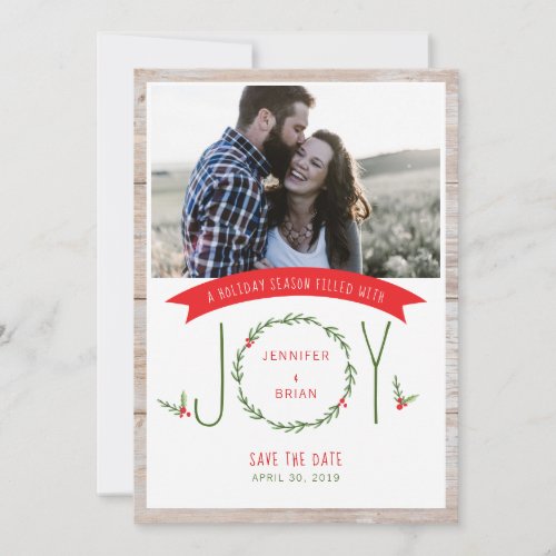 Save the Date Woodsy Wreath Joy Christmas Card