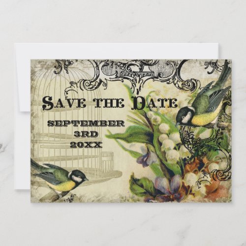 Save the Date Yellow Song Bird Cage Swirl Floral Invitation