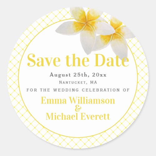 Save the Date  Yellow Tropical Flowers Wedding Classic Round Sticker