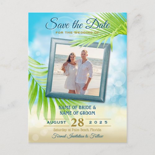 Save the Date Your Photo Beach Wedding Palm Leaves Announcement Postcard