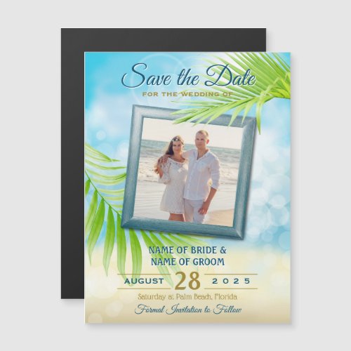 Save the Date Your Photo Beach Wedding Palm Leaves Magnetic Invitation