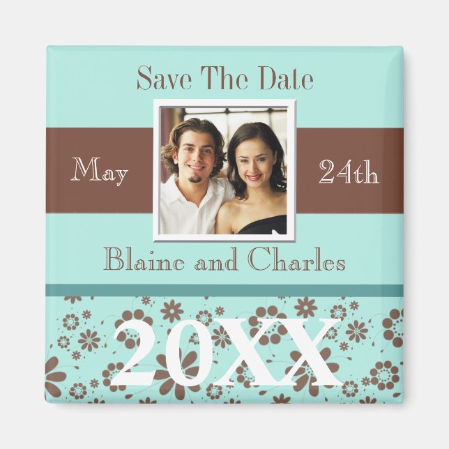 Save The Dates Blue Brown Personalized Magnet (Front)