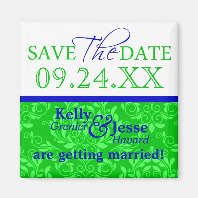 Save The Dates Green Damask Design Blue Magnet (Front)