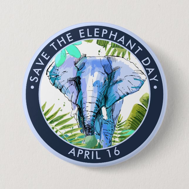 Save the Elephant Day, watercolor Button (Front)