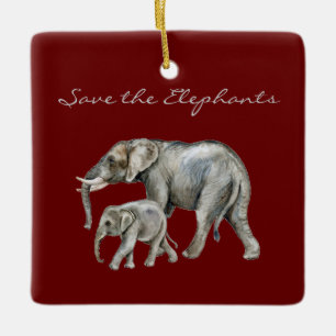 Save the Elephants Beautiful Animals Red Script Ceramic Ornament