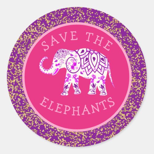 Save the Elephants Boho Pink Paisley Gold Glitter Classic Round Sticker