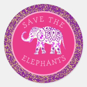 Save the Elephants Boho Pink Paisley Gold Glitter Classic Round Sticker