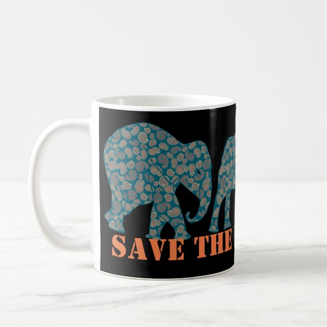 Save the Elephants Paisley on Black Coffee Mug (Left)