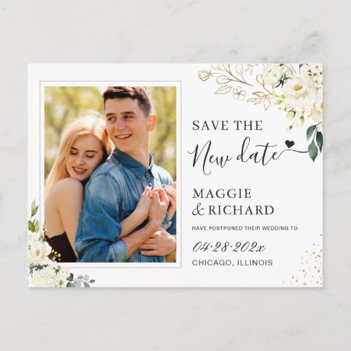 Save The New Date Green White Floral Photo Postcard