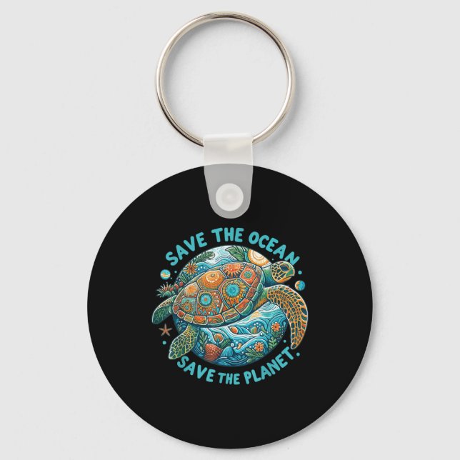 Save The Ocean Save The Planet Cute Sea Turtle  Keychain (Front)