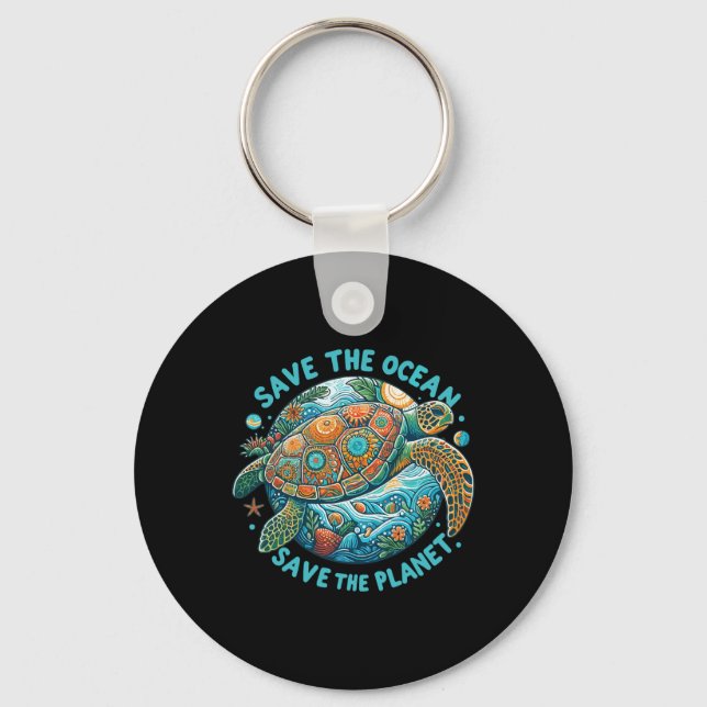 Save The Ocean Save The Planet Cute Sea Turtle  Keychain (Front)