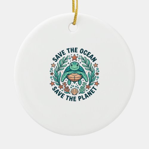 Save the Ocean Sea Turtle Vintage Engraving Shirt_ Ceramic Ornament