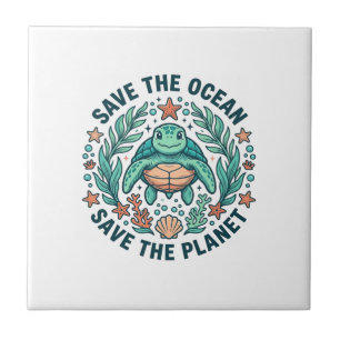 Save the Ocean Sea Turtle Vintage Engraving Shirt_ Ceramic Tile