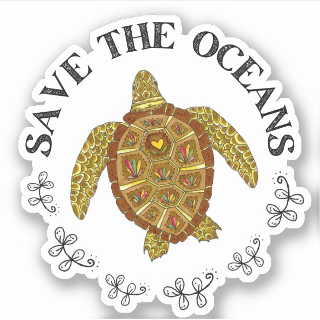 Save the Oceans Sea Turtle Illustration Sticker (Front)