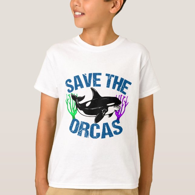 Save the Orcas Cute Ocean Animal Kids T-Shirt (Front)