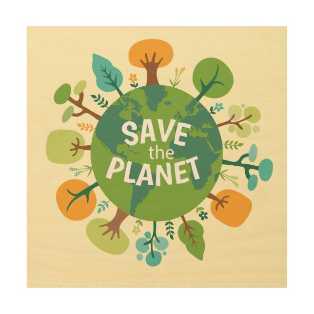 Save the Planet Earth Illustration Wood Wall Art (Front)