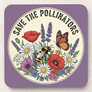 Save the Pollinator with bee, butterfly & flowers Beverage Coaster