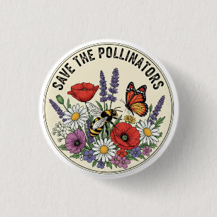 Save the Pollinator with bee, butterfly & flowers Button