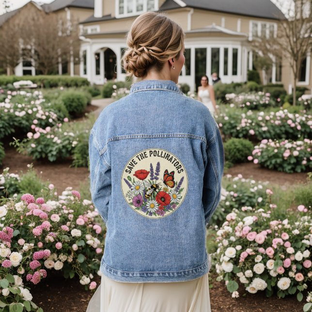 Save the Pollinator with bee, butterfly & flowers Denim Jacket (Wedding Back)