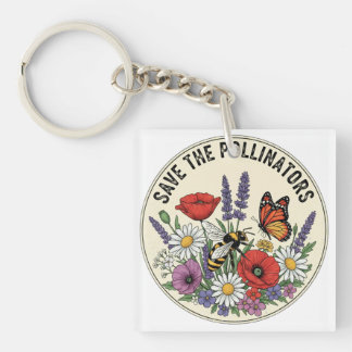 Save the Pollinator with bee, butterfly & flowers Keychain