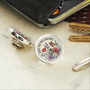 Save the Pollinator with bee, butterfly & flowers Lapel Pin