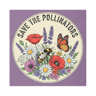 Save the Pollinator with bee, butterfly & flowers Metal Print