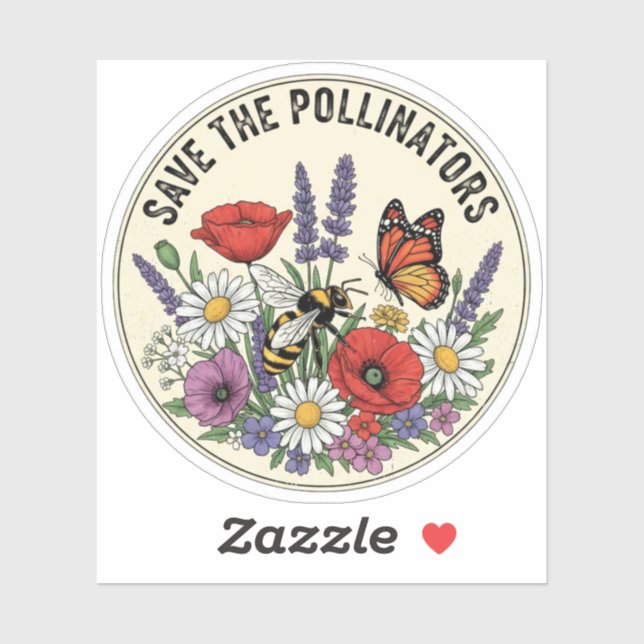 Save the Pollinator with bee, butterfly & flowers Sticker (Sheet)