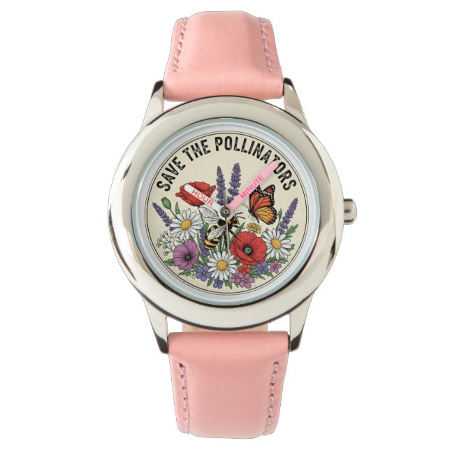 Save the Pollinator with bee, butterfly & flowers Watch (Front)