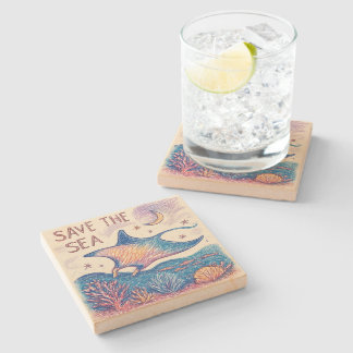 Save the Sea - Color Pencil Ocean Art Stone Coaster