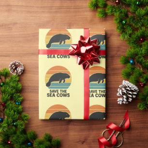 Save The Sea Cows Retro Vintage Manatee Silhouette Wrapping Paper