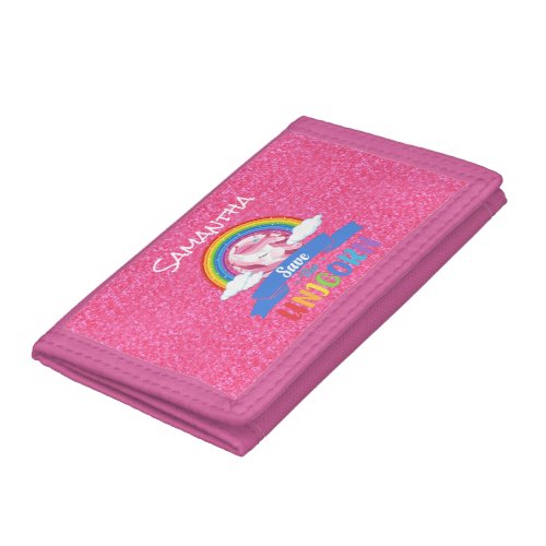 Save the Unicorns  Glitter Pink Pastle Trifold Wallet