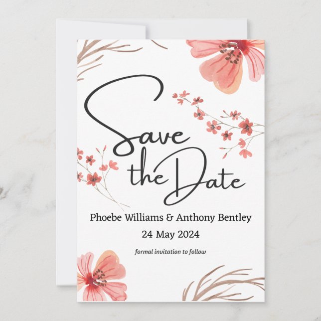 SAVE THE WEDDING DATE - pink flowers editable text (Front)