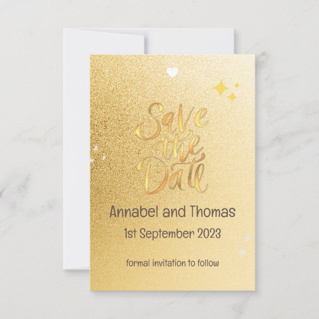 SAVE THE WEDDING DATE - sparkly gold. Editable (Front)