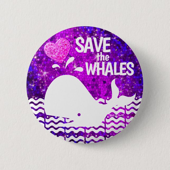 Save the Whales Purple & Hot Pink Glitter Heart Button (Front)