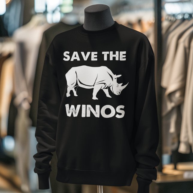 "Save the Winos" Funny Wine Lover Rhino  Sweatshirt (Black sweatshirt with "Save the Winos" and a rhino graphic displayed on a mannequin in a clothing bo)