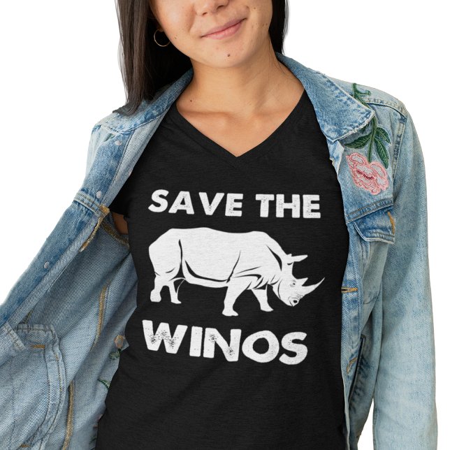 Save the Winos with Rhinoceros T-Shirt ("Save the Winos" funny t-shirt featuring a rhino graphic, worn by a smiling woman.)