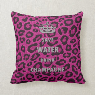 Save water drink champagne leopard print pink throw pillow
