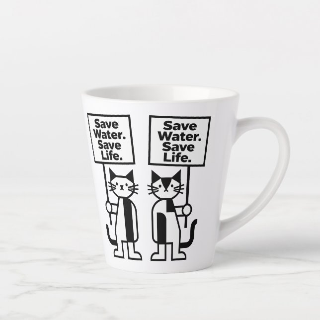Save Water Save Life Cute Minimalist Cat Activist Latte Mug (Right)