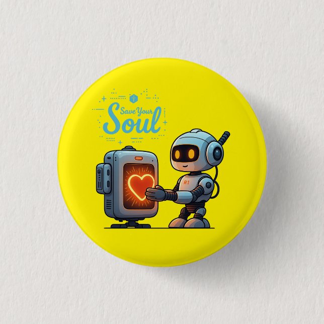 Save Your Soul Cute Robot Holding Heart – Futurist Button (Front)