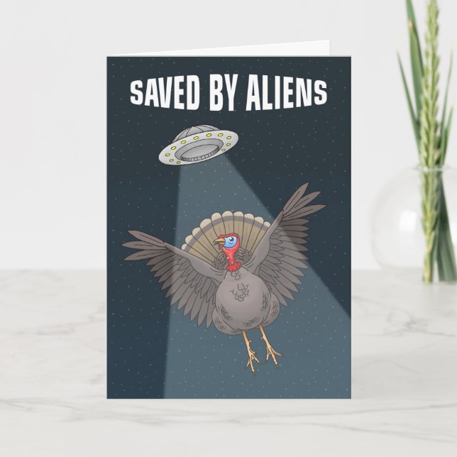 Saved by Aliens in a UFO Holiday Card (Front)