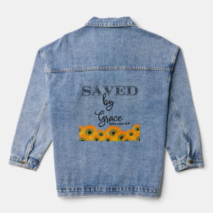 Saved by Grace Ephesians 2 KJV Bible Sunflower Denim Jacket